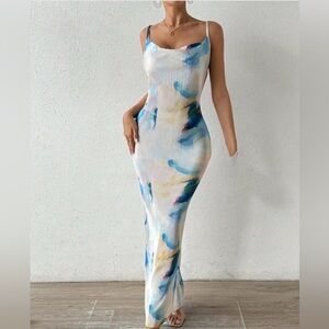 White Maxi Slip Dress with Blue Watercolor Print